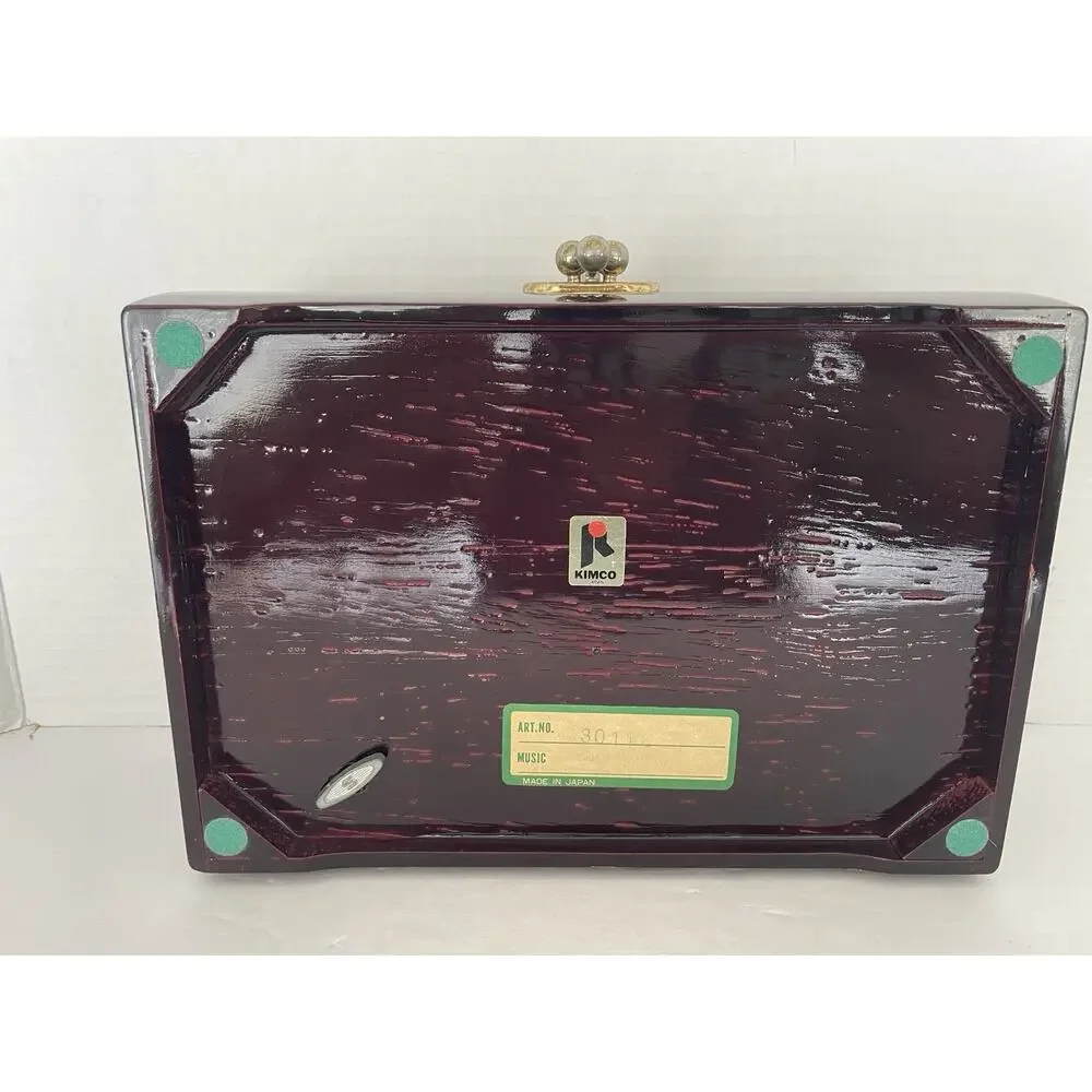 VTG Kimco Japan Wooden Jewelry Box Floral Inlay Gold Velvet Lining Mirror